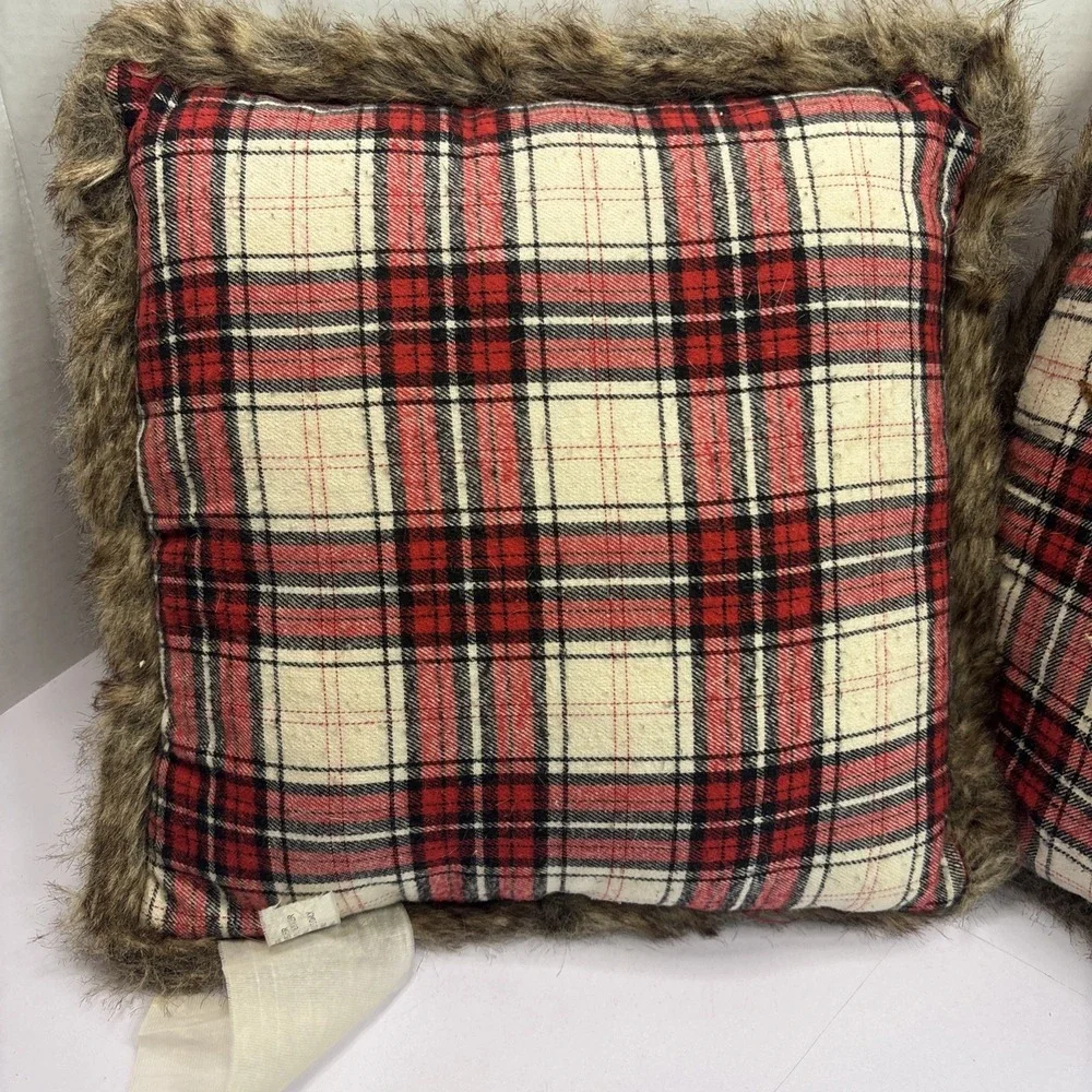 Pair Of Red Plaid Flannel Christmas Accent Pillow Faux Reindeer & Faux Fur‎  13